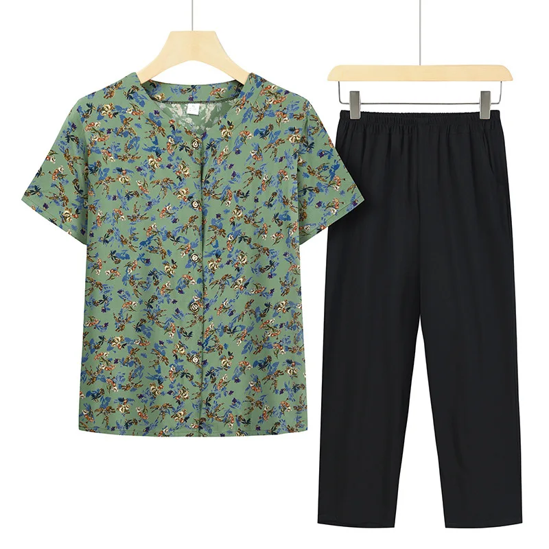 5XL Cardigan Grandma Suit Summer Pajamas Floral Short Sleeve Sleepwear Printing Women 2 Piece Set Outfit Pijama Feminino