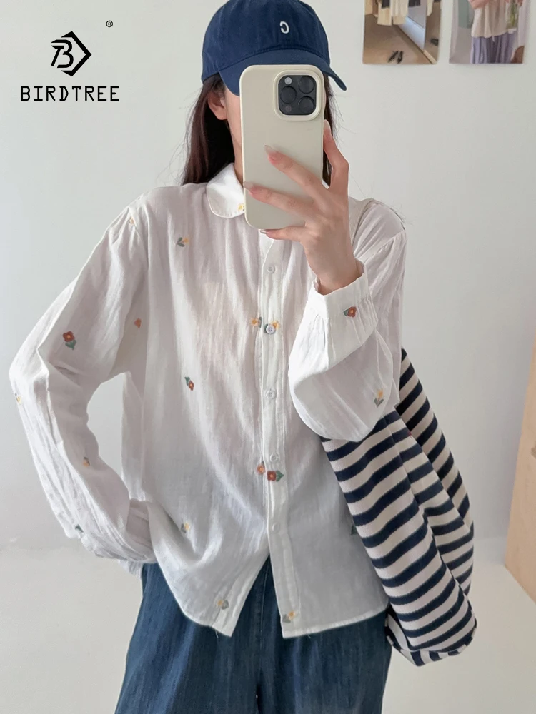 New 2026 Summer Women Cotton Yarn Long Sleeve Shirt, Turn-down Collar Embroidery, Mori Girl Preppy Style Loose Blouse T66357CC