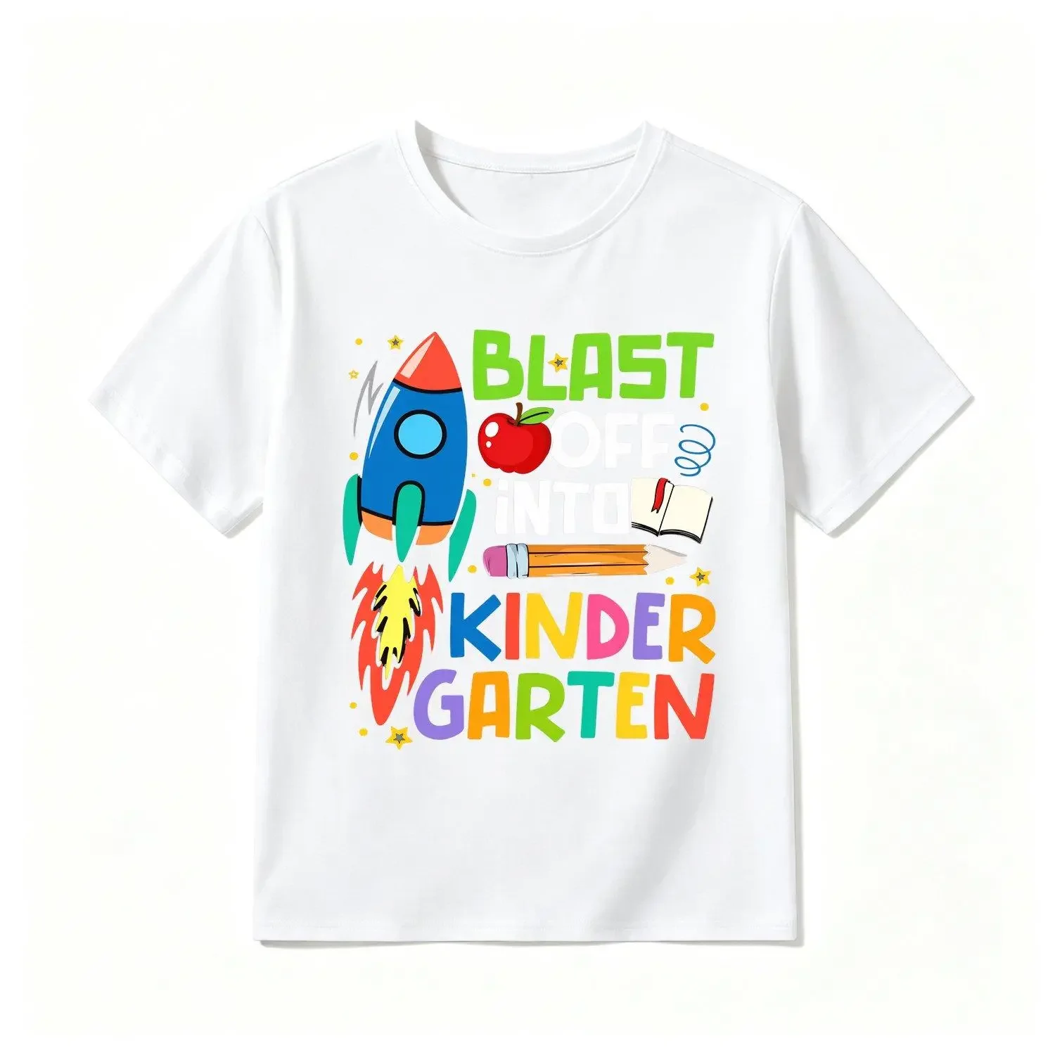 Kindergarten Boys' Pure Cotton Crew Neck Summer Short-Sleeve Clothes, Blast Off Rocket Print, Casual Cut, Multi-Size Outdoor Back to School Essential