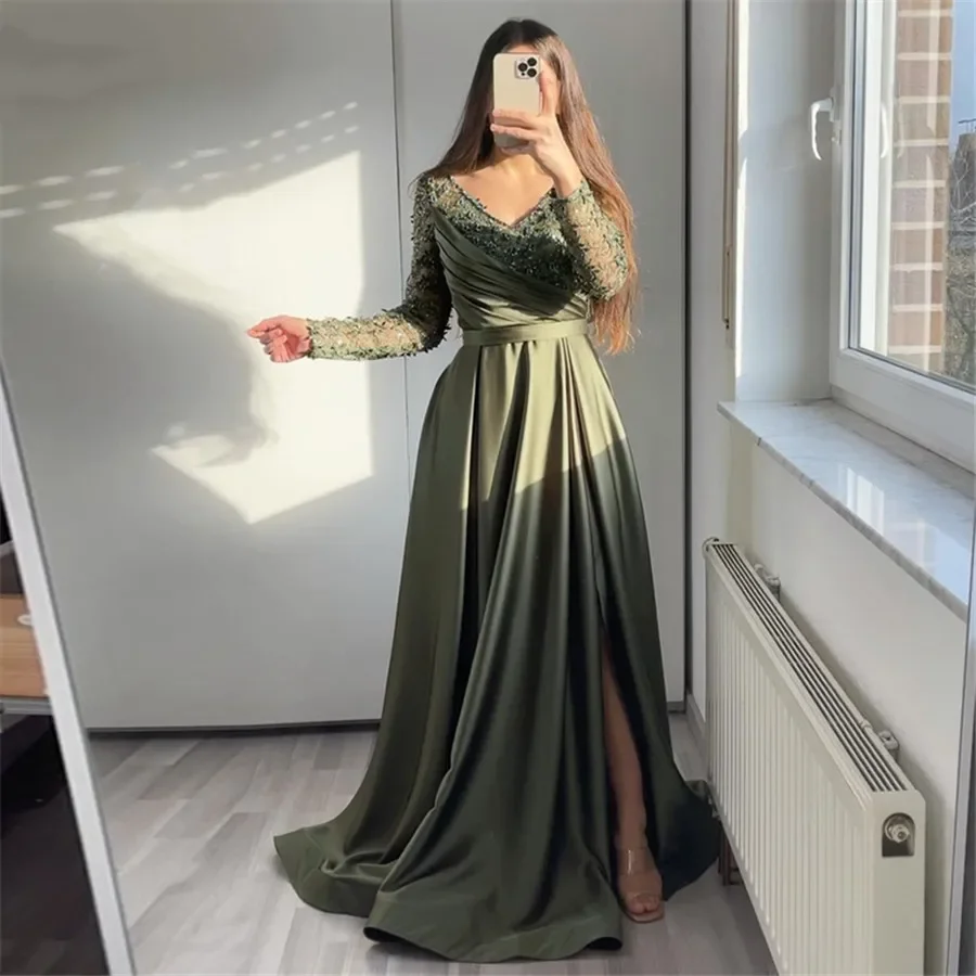 Flavinke Customized Green Evening Dresses for Women A-Line Satin Party Dresses Long Sleeves V-Neck Lace Beaded Formal Prom Gown