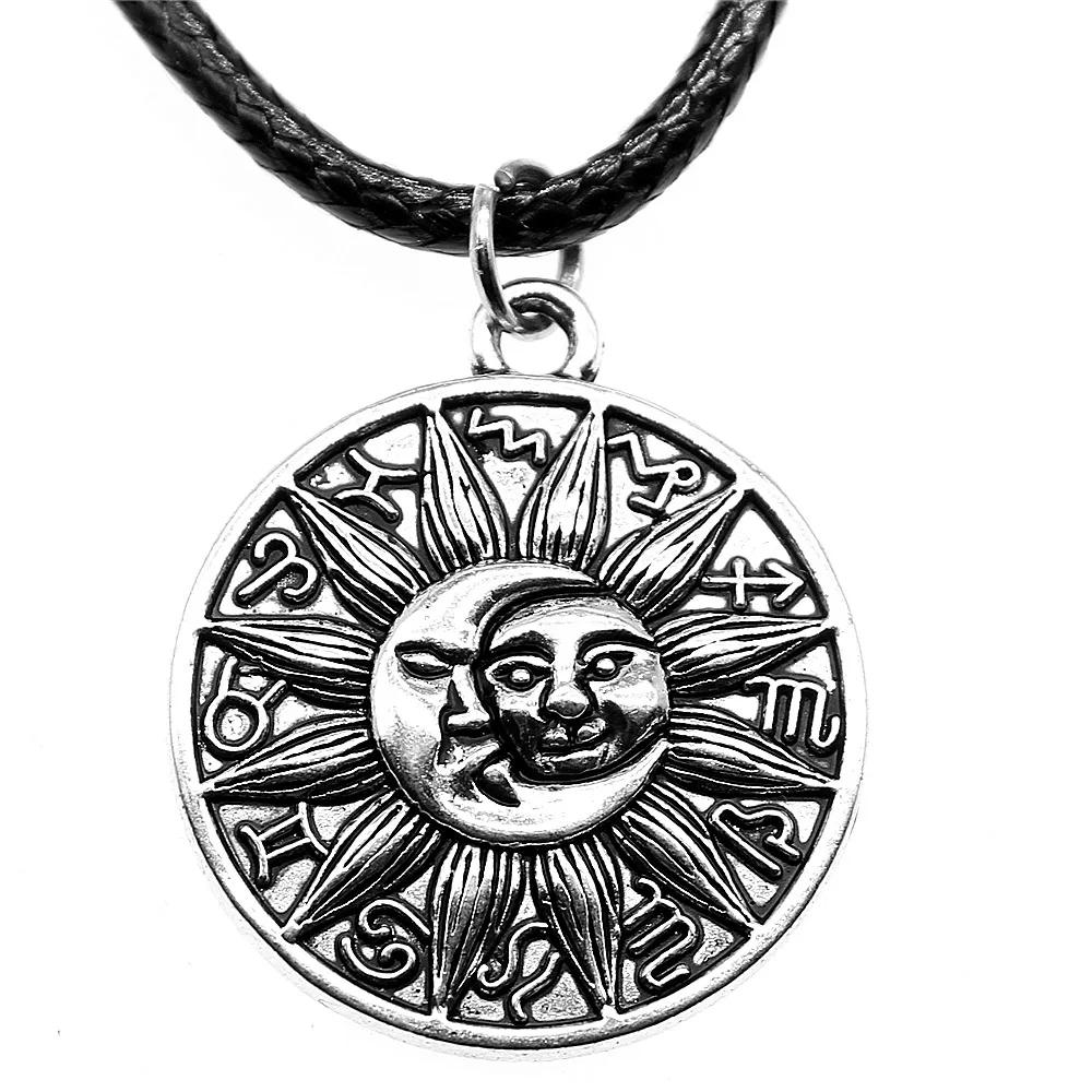 Retro Vintage Unisex 2 Colors 28x25mm Moon And Sun Zodiac Pendant Faux Black Leather Rope Chain Necklace