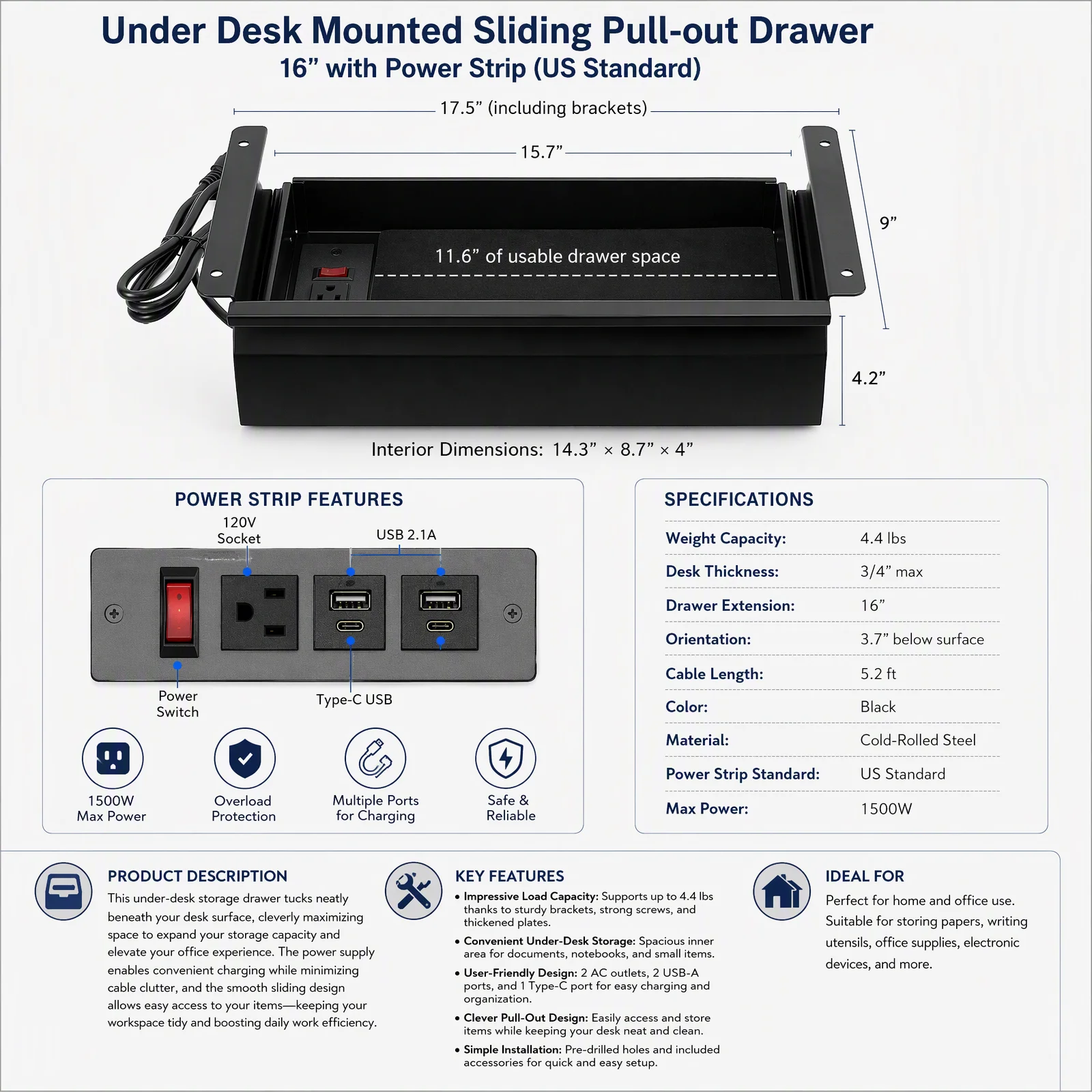 Under Desk Mounted Sliding Pull-out Drawer with Built-in Power Strip, Under Desk Storage Organizer with 2 Outlets 2 USB & Type-C, 4.4lbs Load for Home Office Study