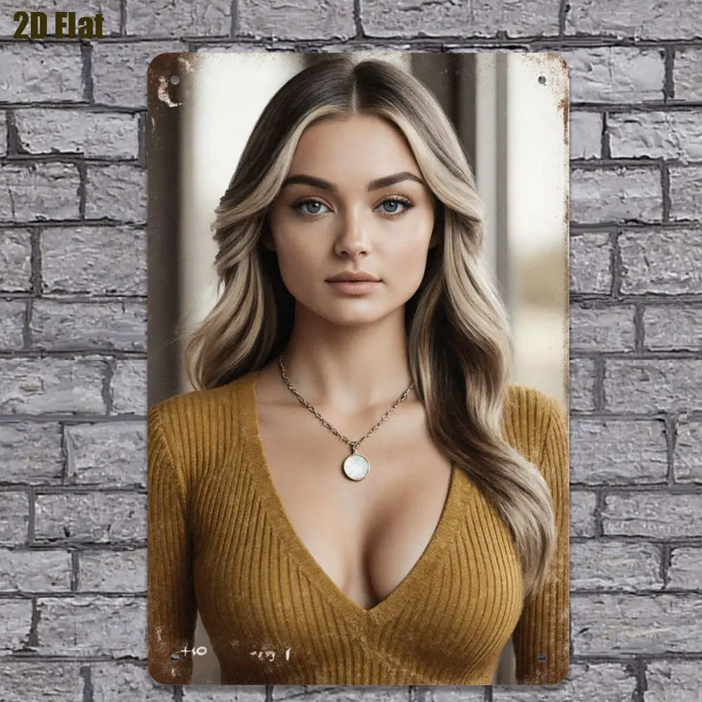 Letrero Metálico Vintage - Chica Rubia Retro con Suéter Amarillo Mostaza, Decoración Rústica de Pared para Granja, Cafetería u Oficina