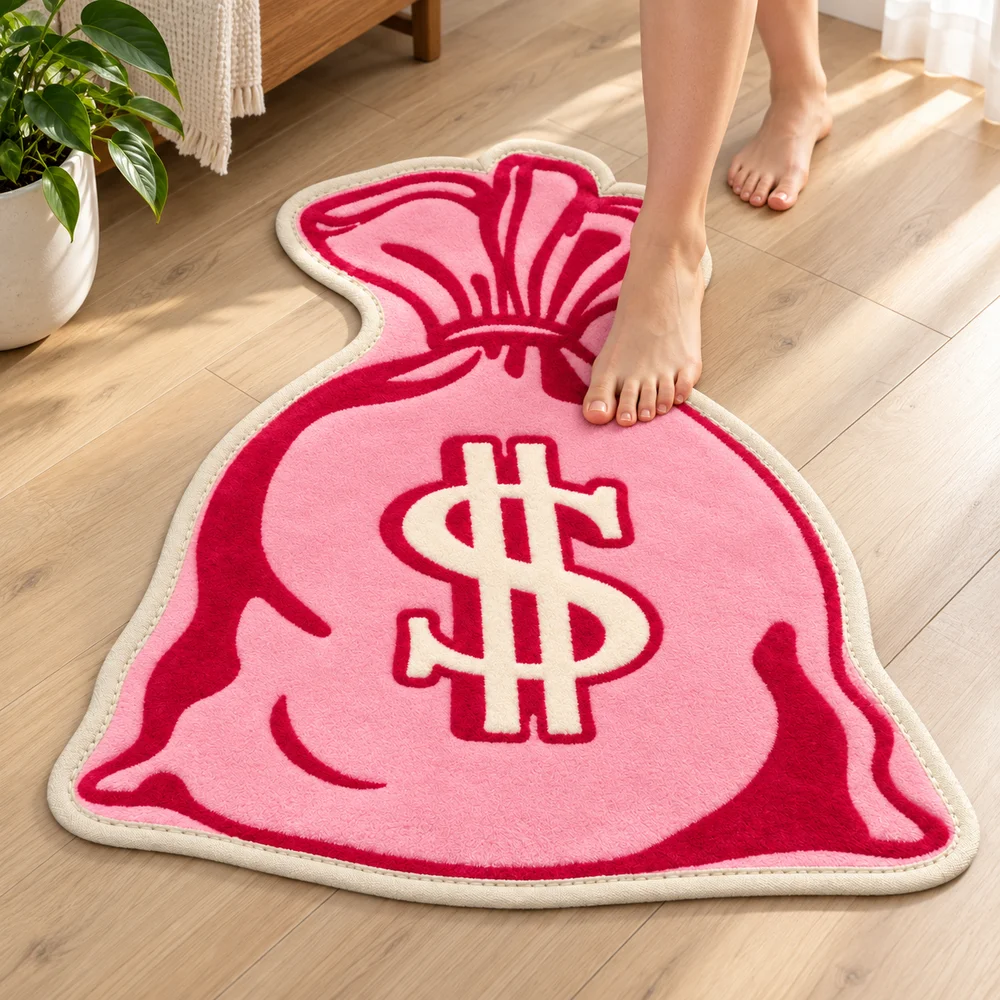 Pink Money Bag Floor Mat With Dollar Sign, Soft Flannel Non Slip Accent Rug For Bedroom Living Room Entryway Modern Decor