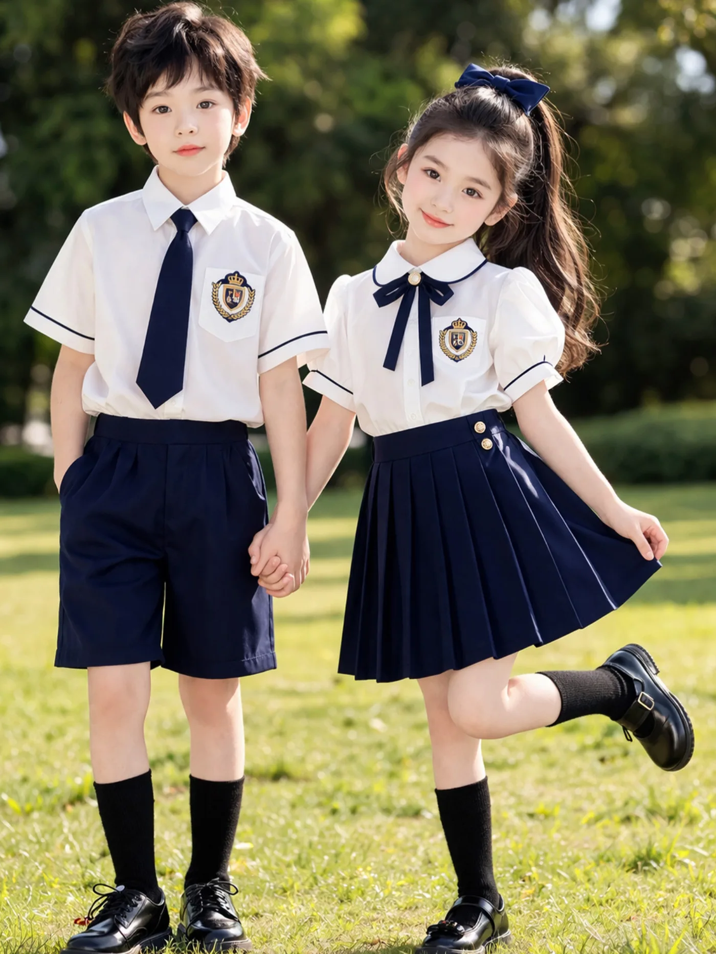 Tenue de scène pour enfants pour spectacle de poèmes de remise de diplôme, uniforme de chorale d'été pour enfants, ensemble chemise à manches courtes et pantalon-jupe