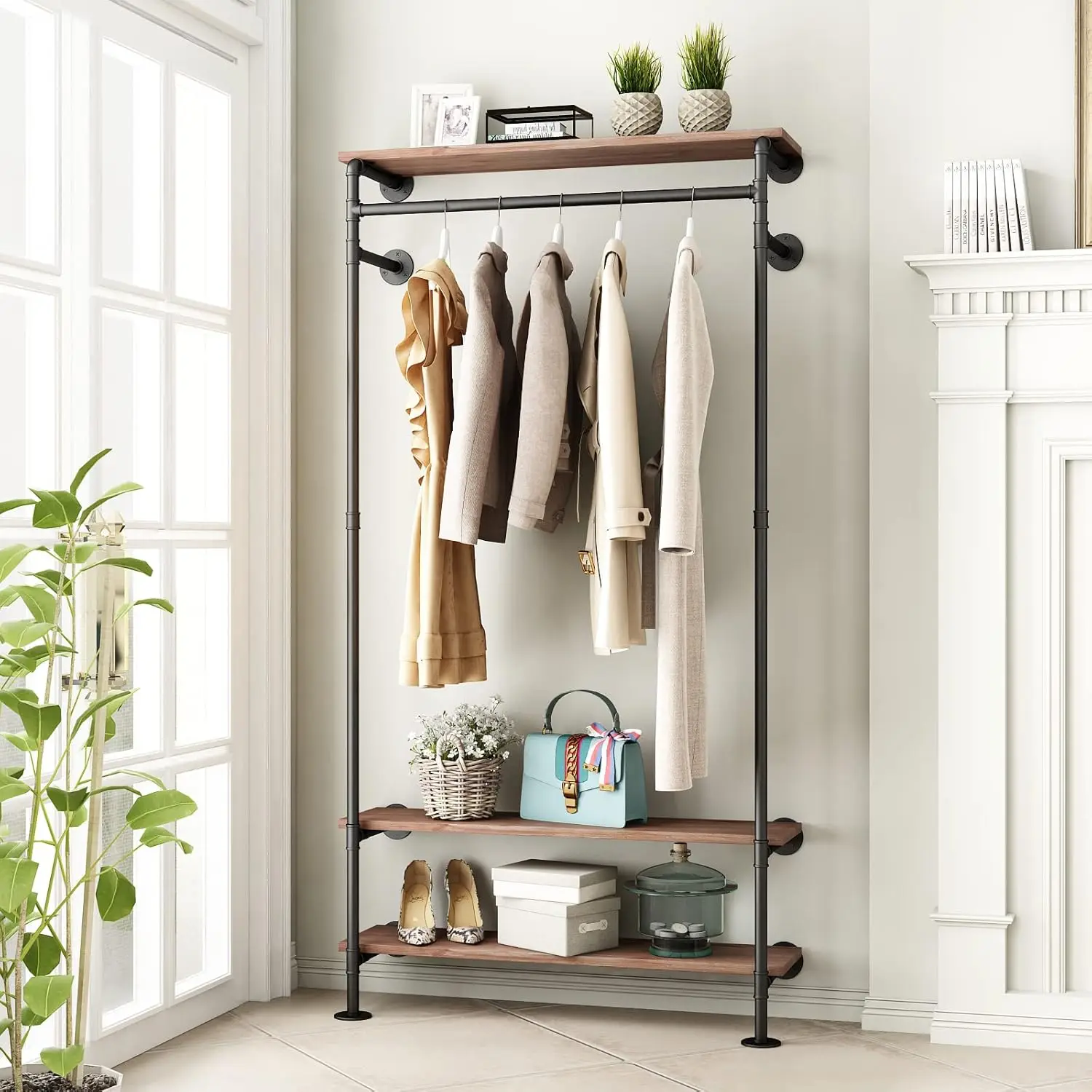 

Industrial Pipe Clothing Ras With Storage Shelves, Wall Mounted Clothes Ra For Hanging Rods，Heavy Duty Bla Clothing Ras With