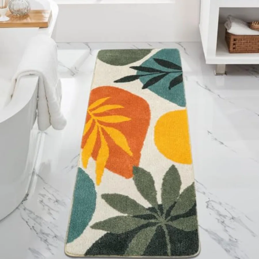 

Bathroom Runner Rug Colorful Abstract Leaves Long Bath Mat Non Slip Water Absorbent Boho Bath Rug Soft Microfiber Machine Washa