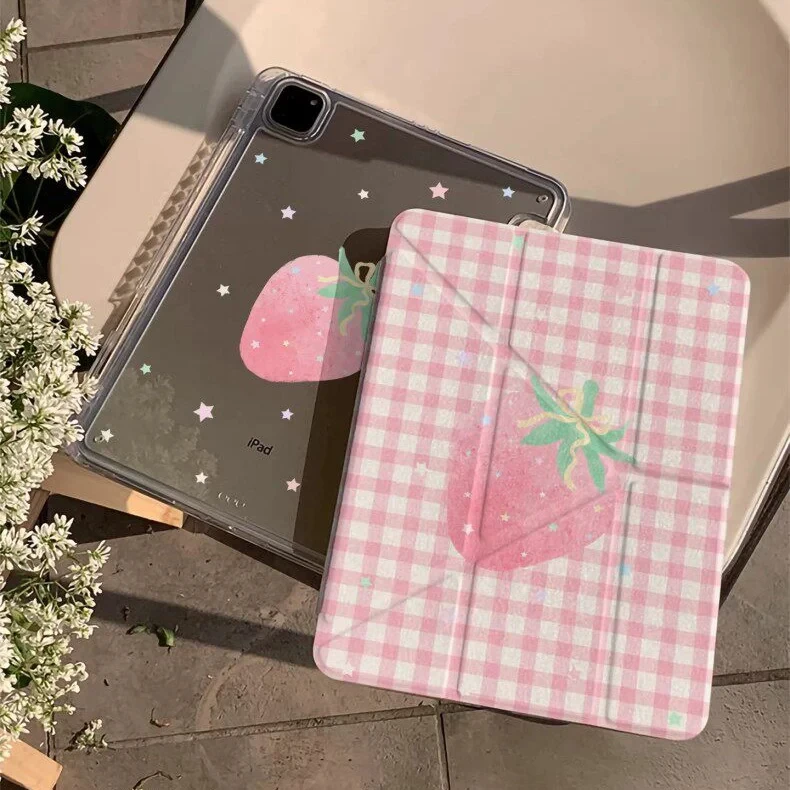 Korean Ins Pink Checkered Strawberry Y2K Cover For iPad Pro 13 11th M5 M4 12.9 A16 10 8 7 9th 10th Air 11 M2 M3 Mini Tablet Case