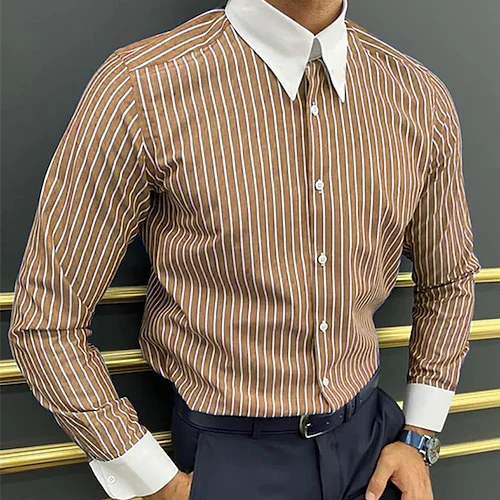 

Classic Thin Striped Long Sleeved Lapel Shirt For Business Lectures Formal Occasions Temperament Shirt Top MB12