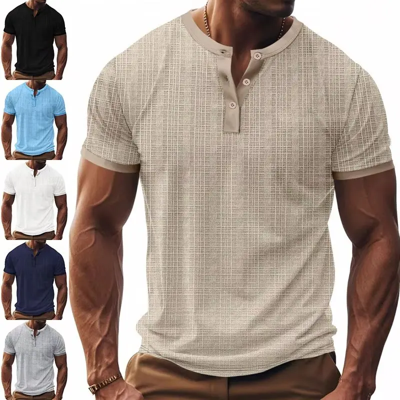 

Men's Clothing Summer T-shirt Loose And Breathable Casual T-shirt The Imitation Is A Printed Henry Button Short-sleeved Tops