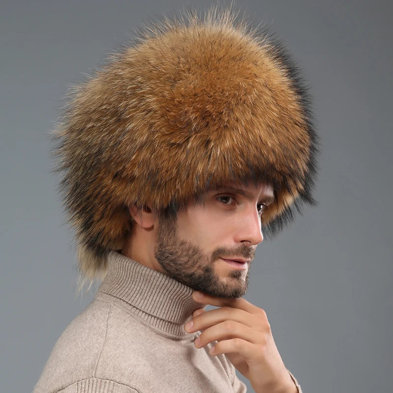 2024 Winter Men\'s 100% Real Silver Fox Fur Bomber Hat Raccoon Fur Ushanka Cap Trapper Russian Man Ski Hats Caps Real Fur Hat