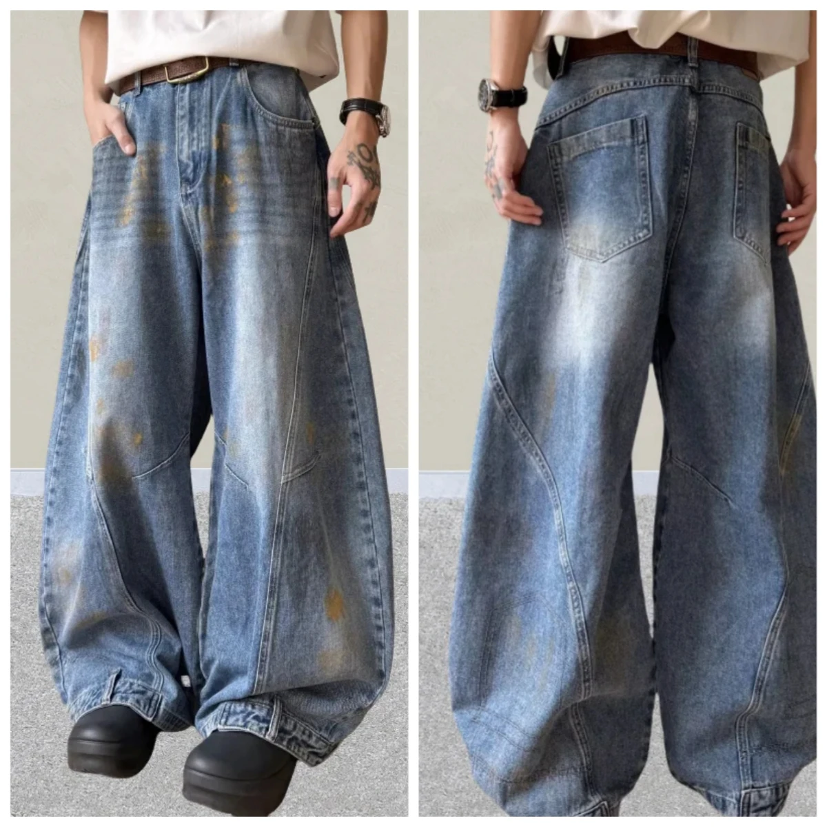 2026  Y2K Fashion Painted Washed Blue Baggy Jeans Pants For Men Clothing Vintage Wide Leg Denim Trousers Pantalon Homme