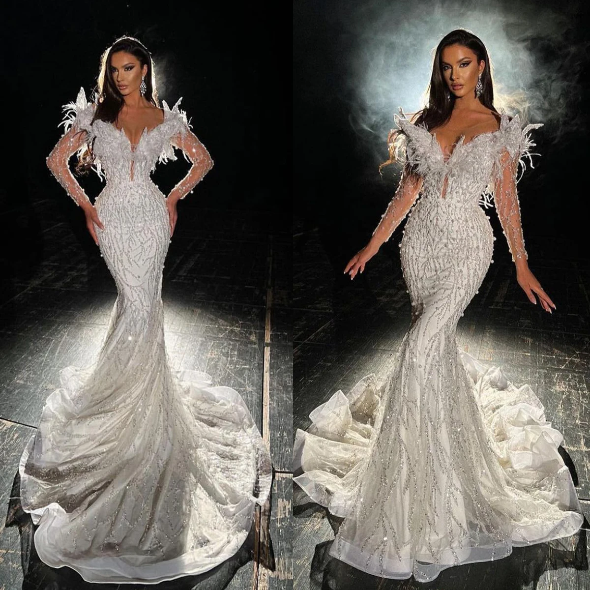 

Crystal Dubai Arabic Wedding Dresses Fur Beads Appliques Long Sleeves Sweep Train Mermaid Bridal Gowns Custom Robes De Mariée