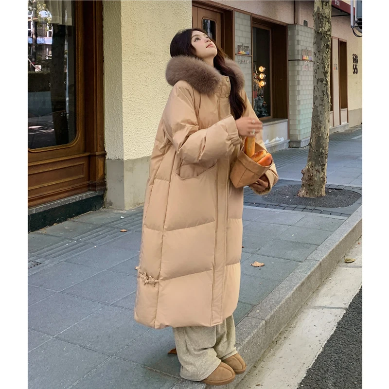 Winter Women\'s Pink Padded Jacket Female Long Over-the-knee Jacket Fur Collar Warm Thicken Cotton Jacket Women Parkas Coats