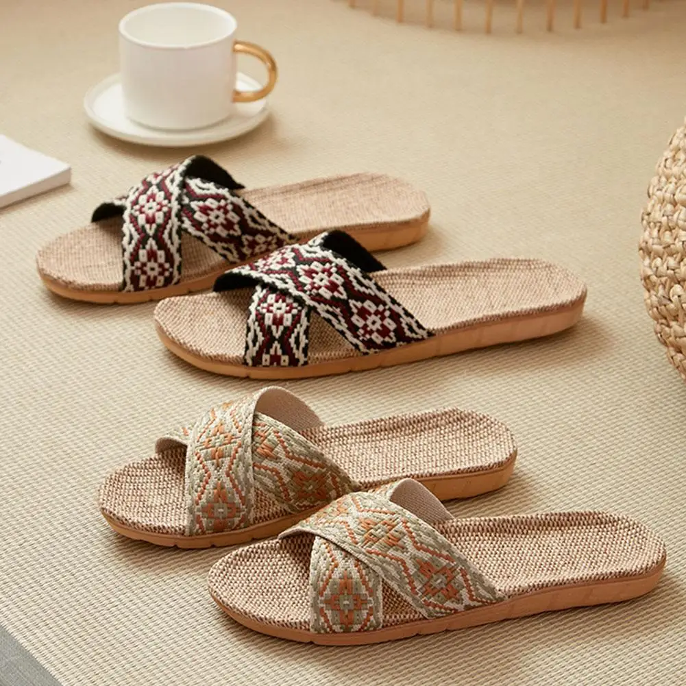Linen Indoor Slippers Women Home Shoes Boho Geometric Cross Strap Linen Slippers Breathable Anti-Slip Slippers For Bedroom