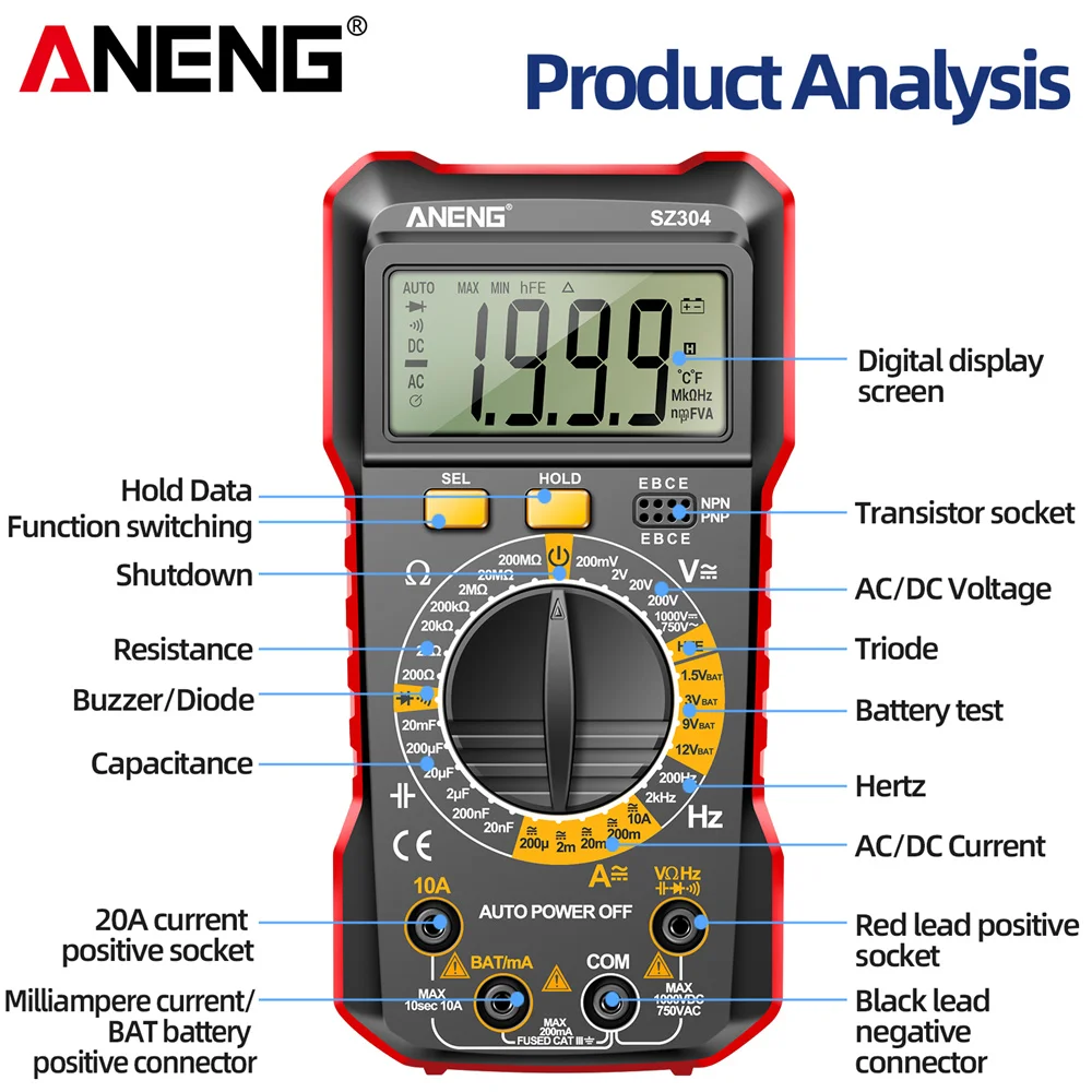 ANENG SZ304 Digital Multimeter AC/DC Voltmeter Ammeter Non-contact Voltage Detector Electric Current Tester Hz Diode Capacitor