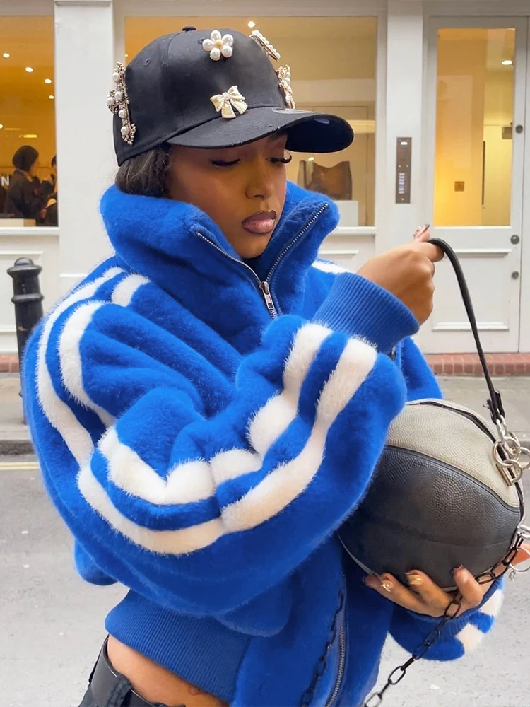 

Whatiwear Zipper Cardigan Furry Coats Woman Winter Trend Stand Collar Contrast Stripe Full Sleeve Street Casual Fashion Jacket