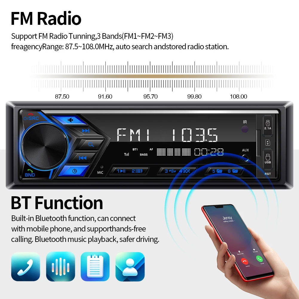 Grandnavi 1din MP3 Radioodtwarzacz samochodowy Cyfrowy muzyczny odtwarzacz samochodowy Bluetooth Radio FM Stereo Audio USB/SD z wejściem Dash AUX