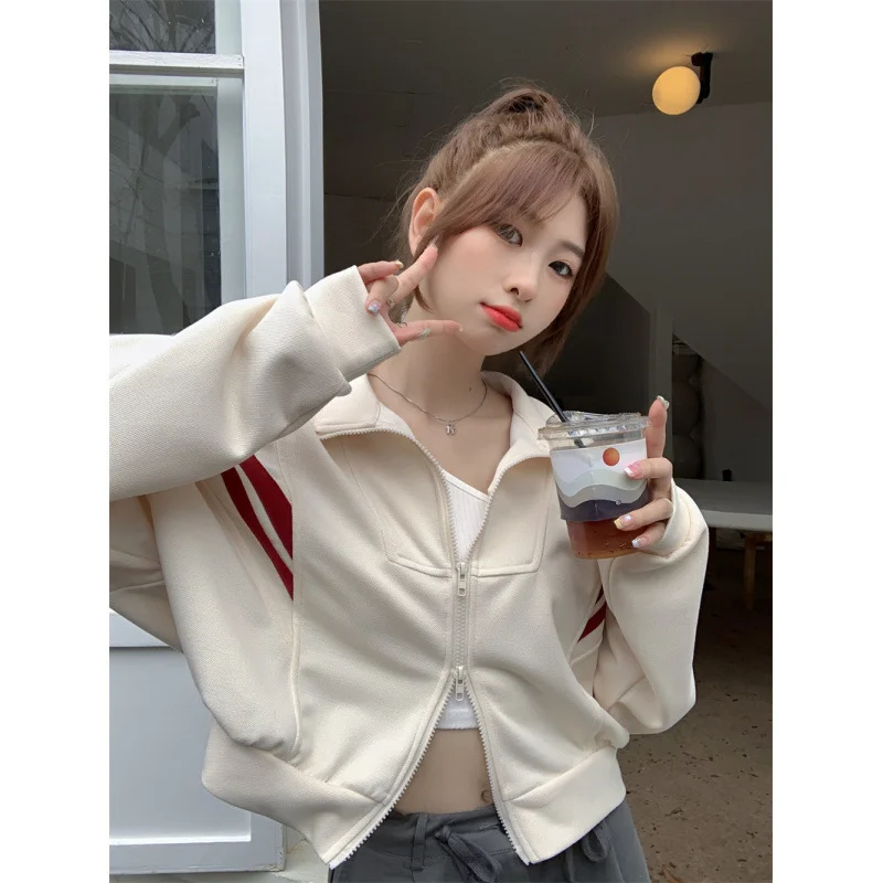 Women American Vintage Stand Collar Cropped Oversized Sweatshirt Jacket, Casual Versatile for Spring & Autumn Cropped