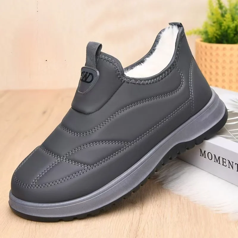 

Men Winter New Low Top Snow Boots Thick Sole Non Slip Waterproof Plush Keep Warm Round Toe Slip On Flat Sole Elderly Cotton Shoe