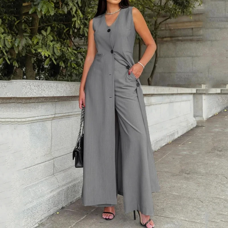 Wefads Office Women Summer Casual Chic Sleeveless V Neck Single Breasted Button Solid Long Top Loose Wide Legs Pants Sets