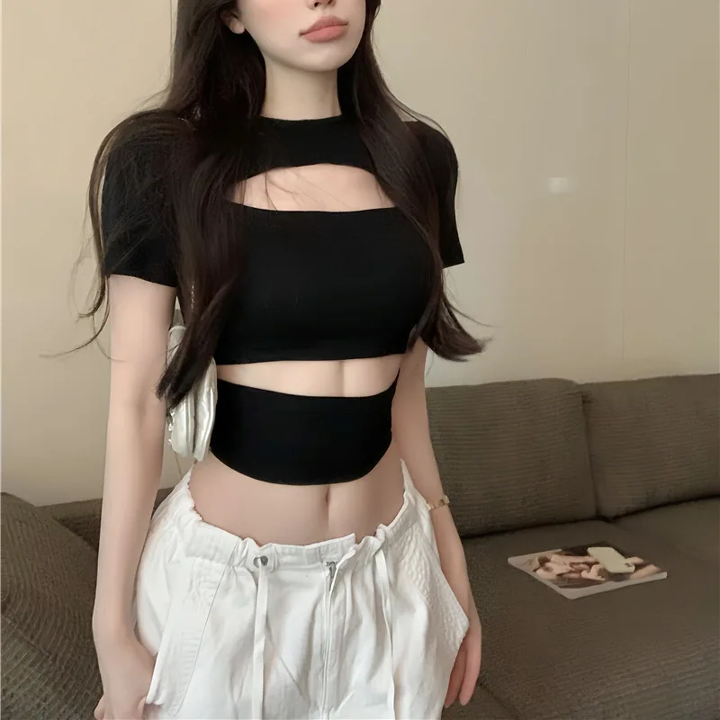 

Women's Sexy Short Sleeves With Hollow Chests And Slim Fit Short Sleeves With Exposed Navel