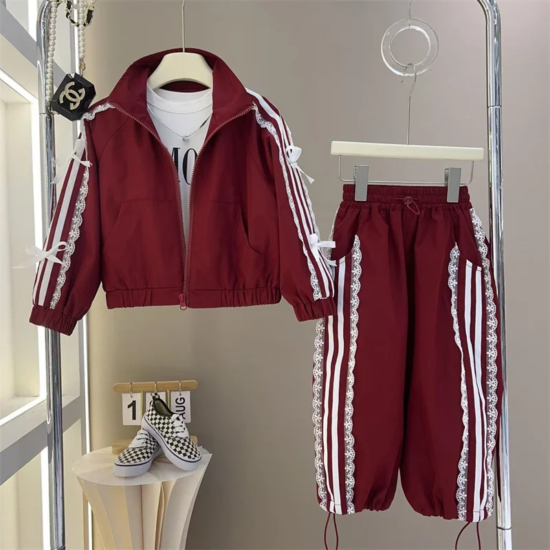 Girls Coat +Pants Kids Suits 2PCS/Set Cotton 2024 Red Wine Spring Autumn Cotton Tracksuit Jogging Suit Christmas Gift Children C