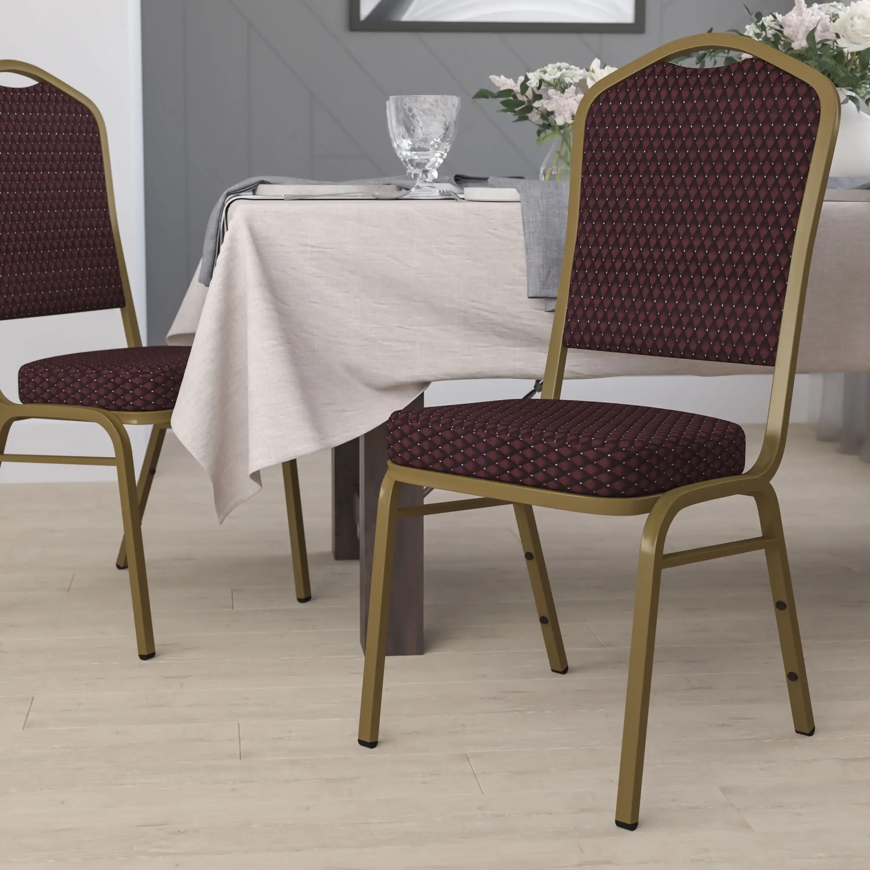 HERCULES Series Crown Back Stacking Banquet Chair in Burgundy Patterned Fabric - Gold Frame