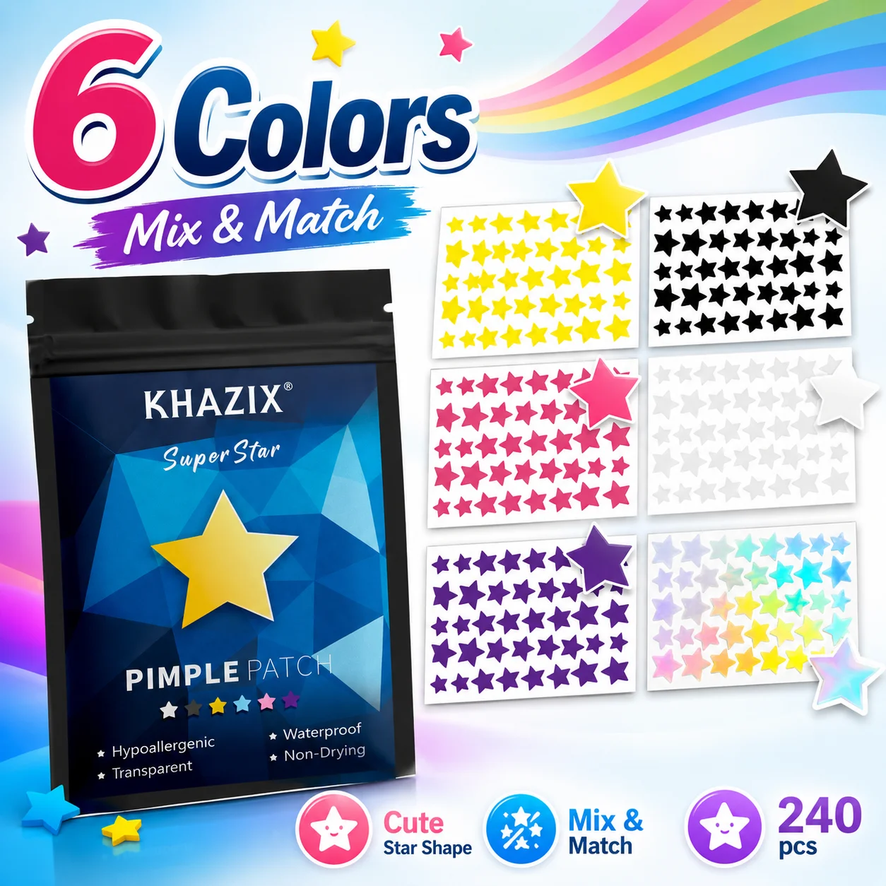 Star Pimple Stickers 240/480PCS Hydrocolloid Acne Patches for Face Cute Tea Tree Blemish Cover Skin Care