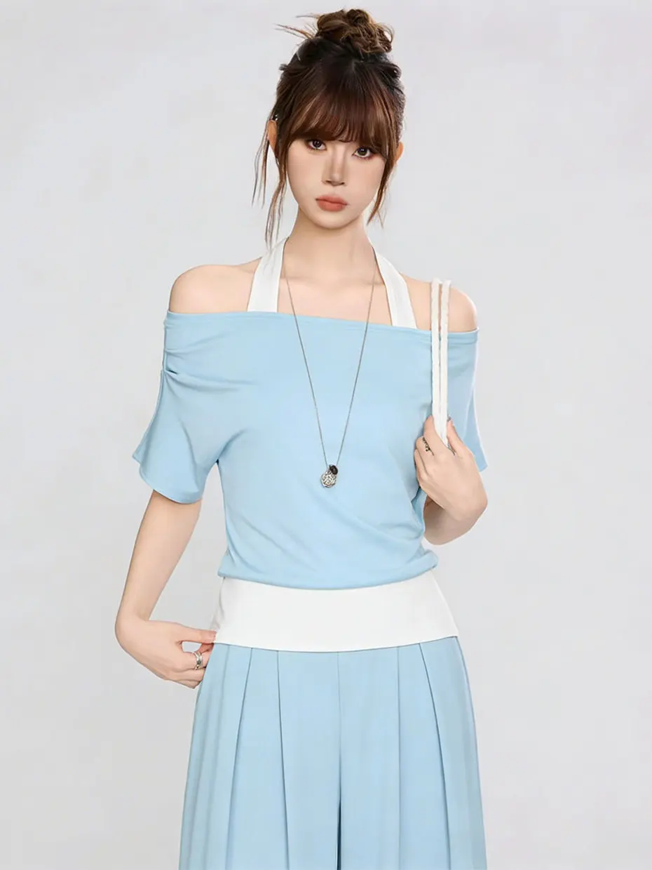 

Summer New Women's Short Sleeve T-Shirt One Shoulder Neck Hanging False Two-Piece Design Waist-Cinching Short Top Korean Style