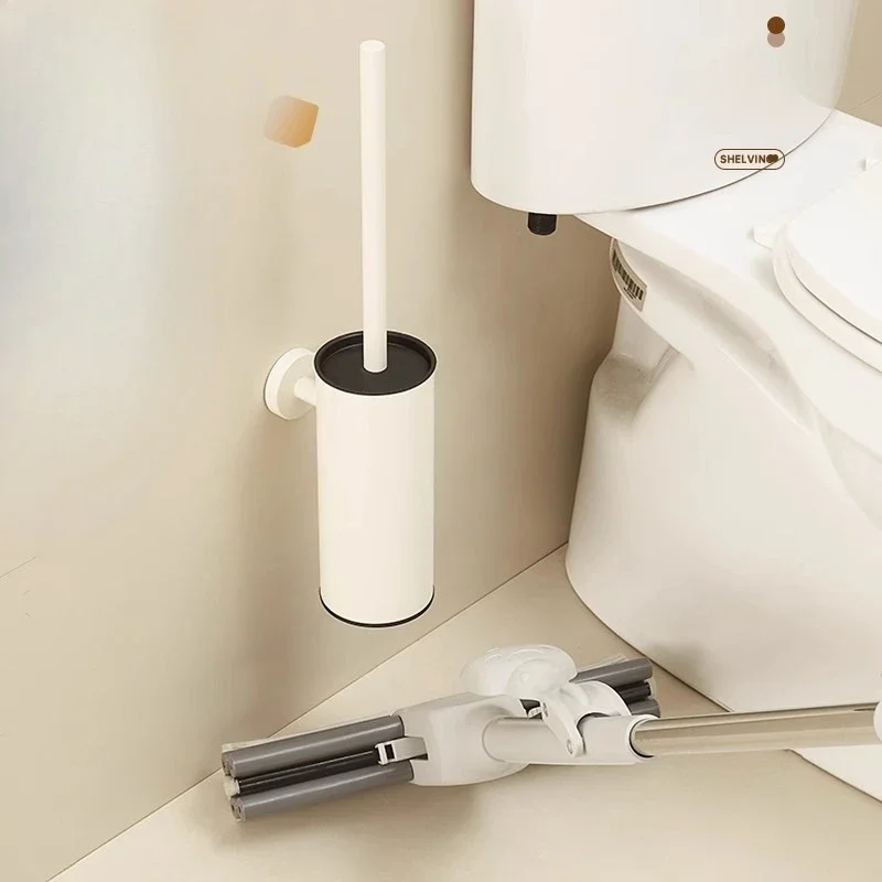 Stainless Steel Cream-Style Floor-Standing Toilet Brush Household Toilet Brush with No-Dead-Angle Design Bathroom Storage Rack