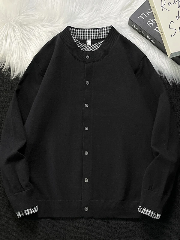 

Casual Knitted Sweater for Men round Ne Plaid Patterned Fake Two-Piece Sle Lazy Sle Spring Autumn Couple's Faion