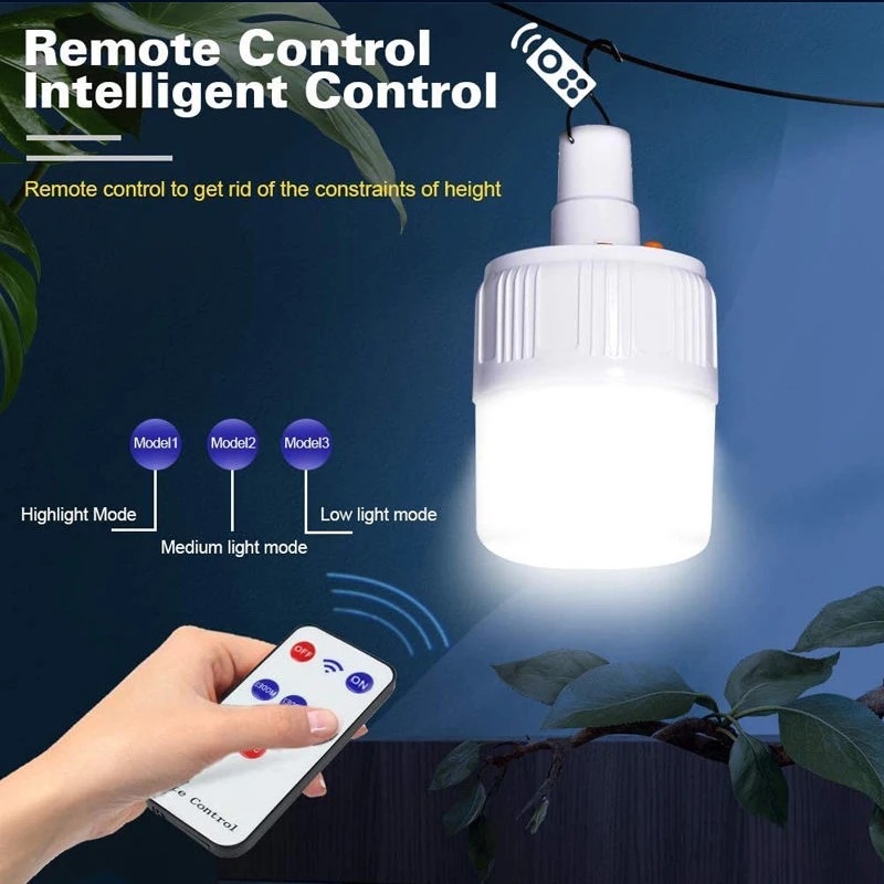 100W Portable Solar Bulb Light with Remote Control Outdoor Rechargeable Emergency LED Light Bulb for Hiking Fishing Camping Tent