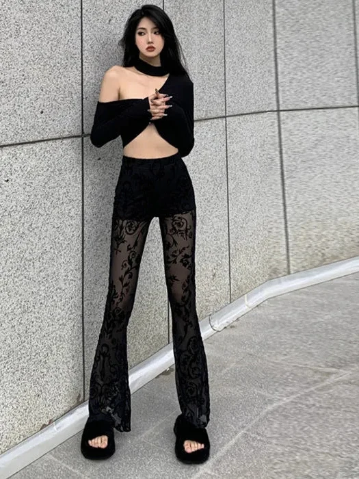Dark Lace Hollow Wide Leg Pants Women's Style High Waist Bell Bottoms Slim Fit Casual Trousers Korean Version Autumn New Arrival