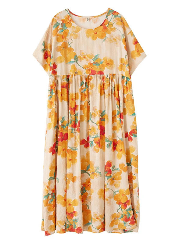 Amarelo floral impressão n longo dr verão novo plus size ort sve redondo ne impressão feminino dr algodão linho material