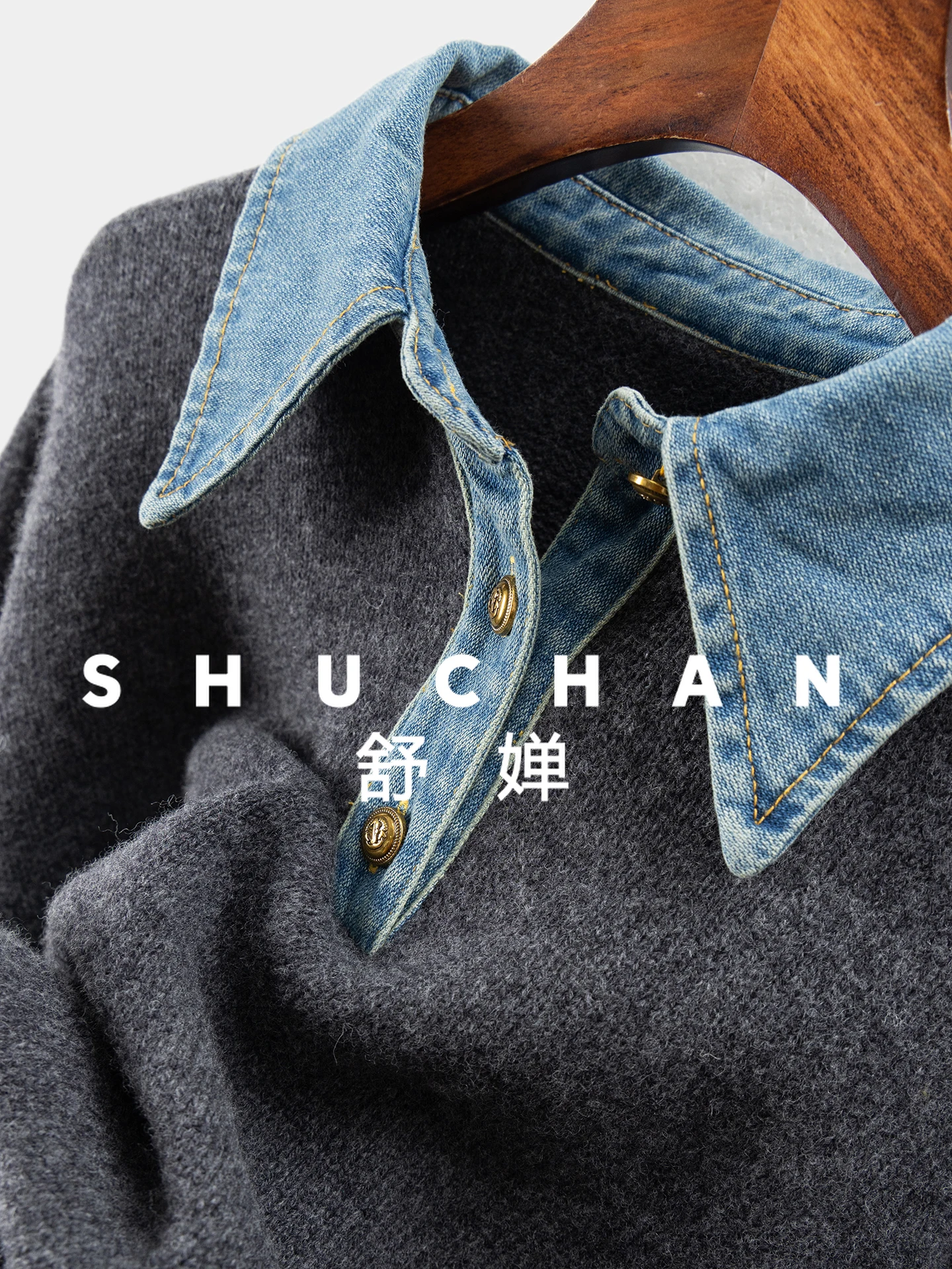 من المألوف جهد الفرنسية الربط الدنيم 100 الصوف قميص طوق وهمية اثنين البلوزات الإناث البلوز 29I0 #4