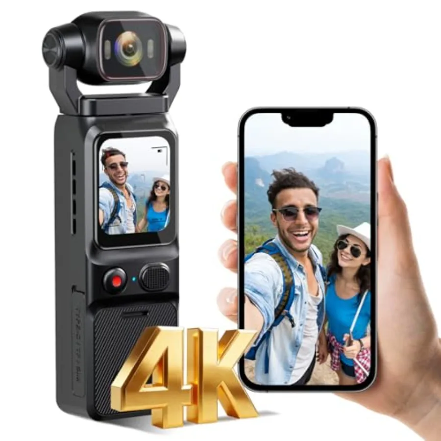

4K Vlogging Camera for Outdoor Sport and Travel, Aluminum Body, Black, Image Stabilization and APP Control, Includes 64GB Card