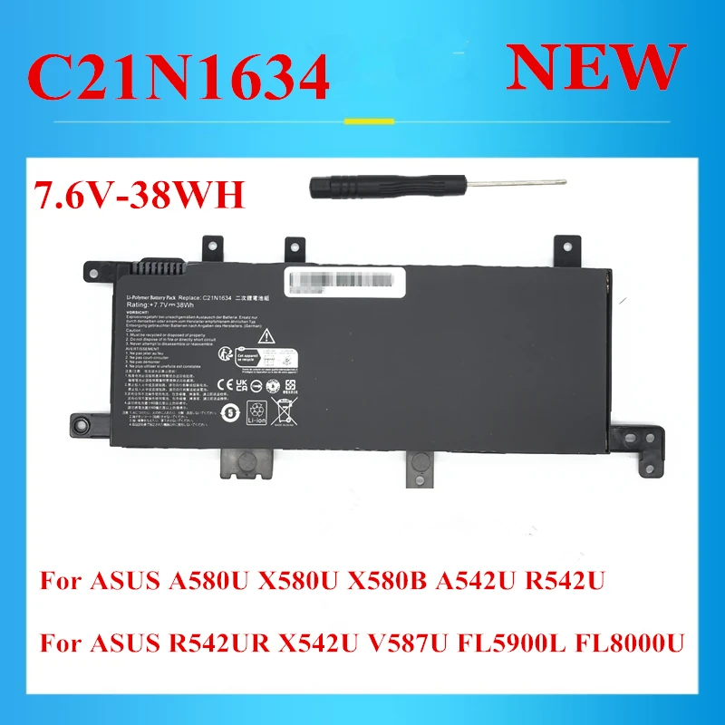 

New C21N1634 High-quality Battery For Asus R542UR X542U V587U FL5900L FL8000U A580U X580U X580B A542U R542U 7.6V 38WH