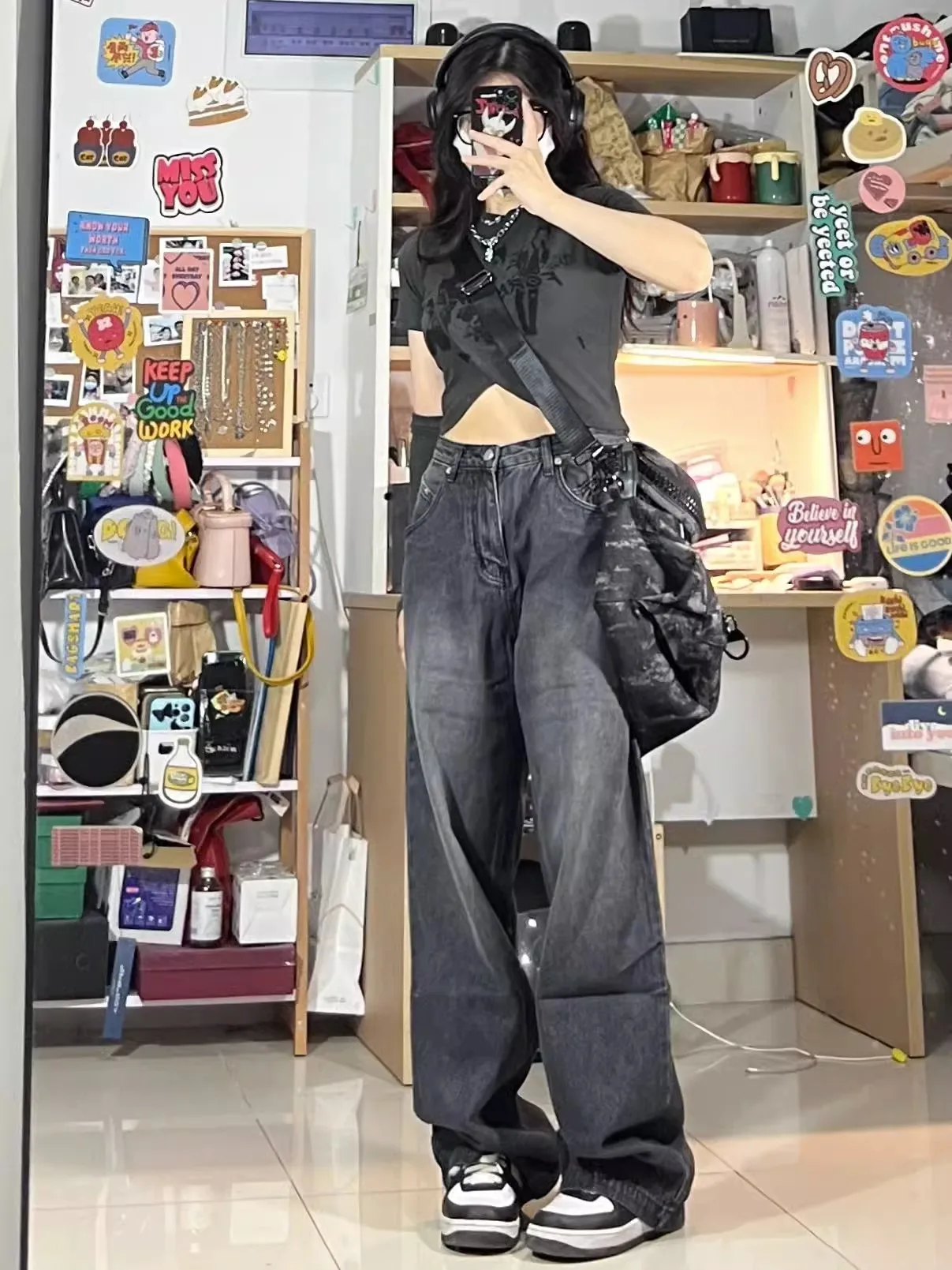 WCFCX STUDIO-Jeans Baggy Preto Vintage Feminino, Cintura Alta, Oversize, Calça de Perna Larga, Calças Jeans, Streetwear, Coreano, Y2K