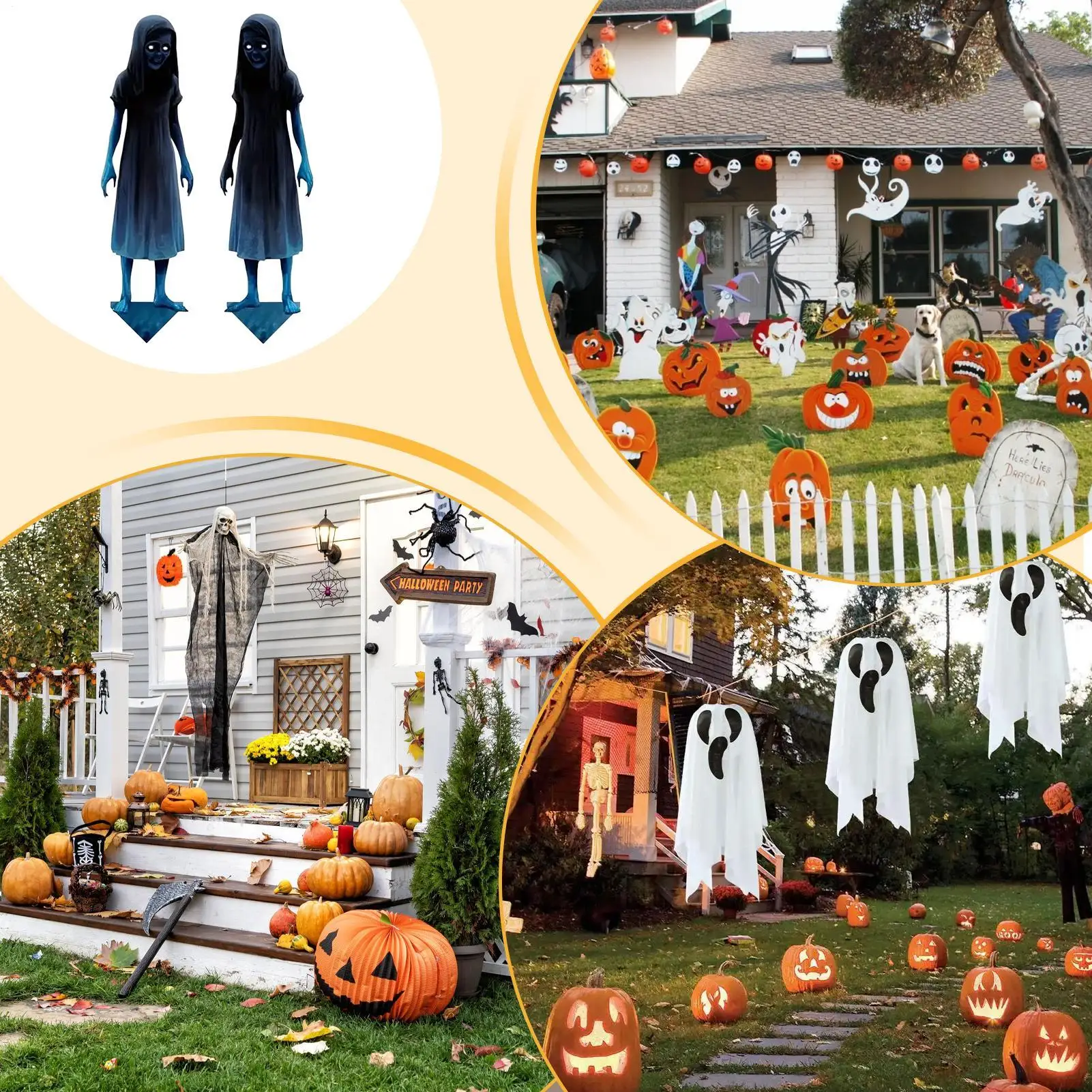 Haunted Twin Ghost Yard Signs Spooky Twins Outdoor Stakes Decorations 2-pieces Halloween Ground Insertion Horror Decor For Porch