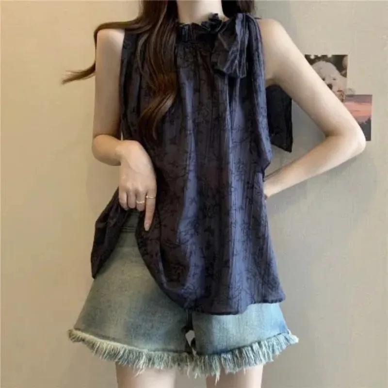 Womens Dark Blue Patterned Sleeveless Blouse Ruffled Neck Tie Detail Casual Top