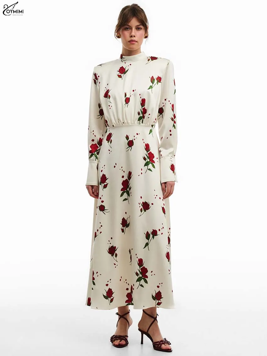 

Oymimi Casual Beige Print Womens Dresses Elegant O-Neck Long Sleeve High Waisted Dresses Autumn New Straight Ankle-Length Dress
