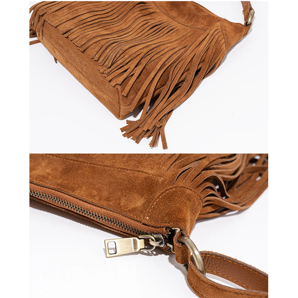 Tassel Bag Niche Frosted Cowhide Casual Crossbody Bag Retro Leather Trend Style Fringe Single Shoulder Bag