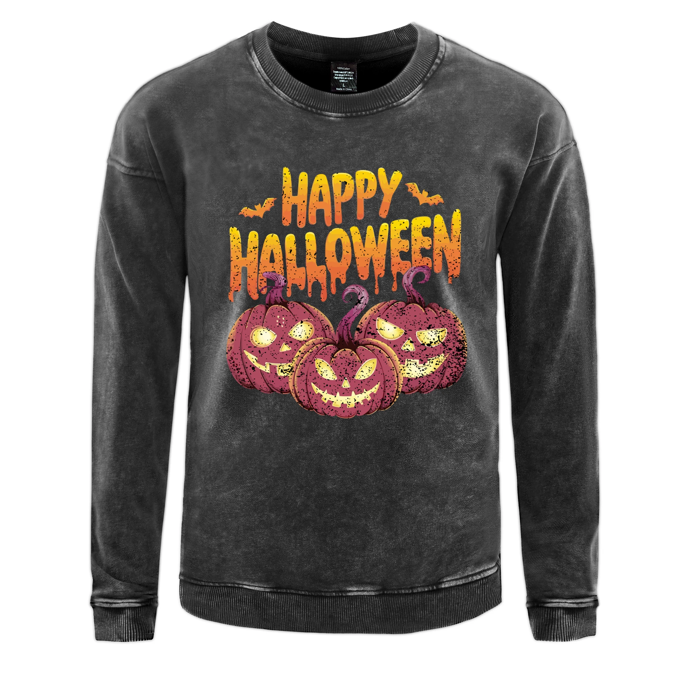 

Happy Halloween Printing Men Washed Distressed Tracksuit Casual Comfortable Fashion Cotton Retro Clothes Autumn Warm Basic Tops