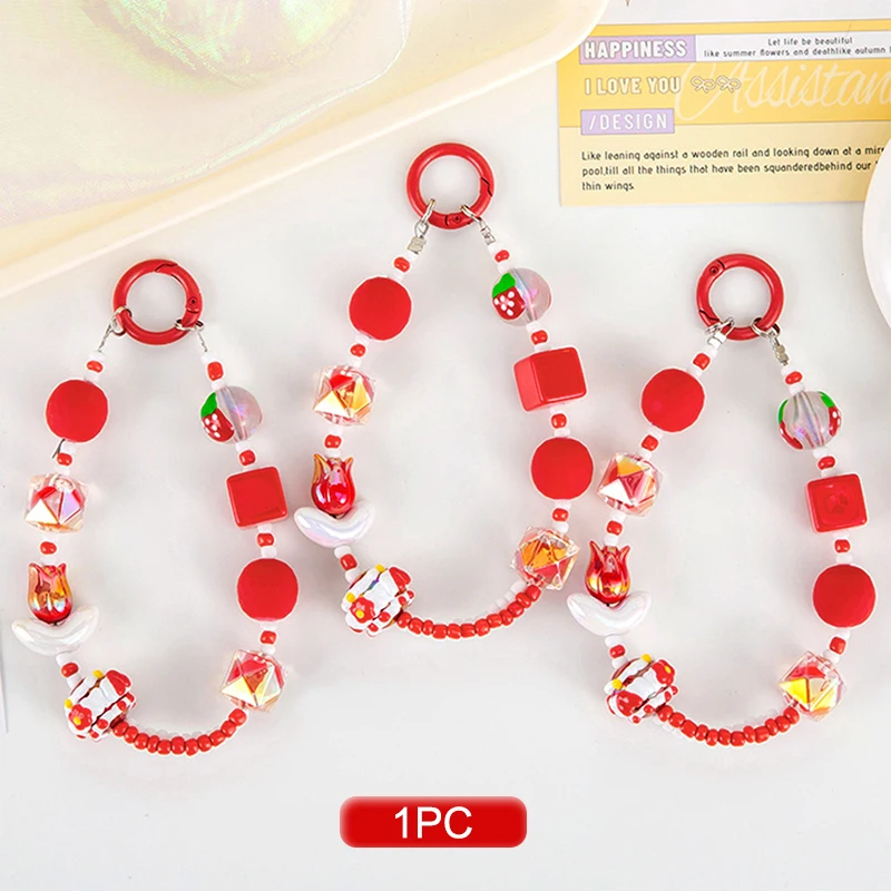 New Year Tulip Phone Lanyard Keychain Ins Style Beaded Mobile Phone Chain Wristband For Girls Cellphone Pendant Camera Charms