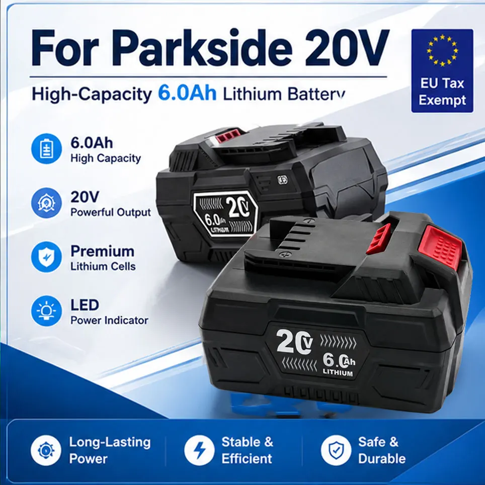 Image of 6,0 Ah 20 V Li-Ionen-Ersatzakku, kompatibel mit der Parkside X-20V-Serie, für PAP 20 B3/A3, PAPS 208 A1, Elektrowerkzeug-Akku für Bohrmaschine, Rasenmäher, Kettensäge