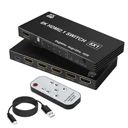 8K HDMI Switch 5 in 1 Out, Support 8K/60Hz 4K/120Hz HDCP 2.3 HDR10, 5-Port HDMI Switcher Selector Box Compatible with PS3/4/5