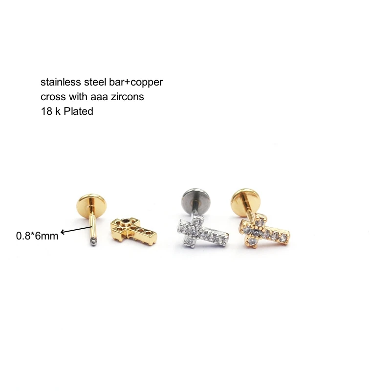 20G Screw 0.8*6mm Stainless Steel With Copper Classical Cross Stud Earrings For Men Women