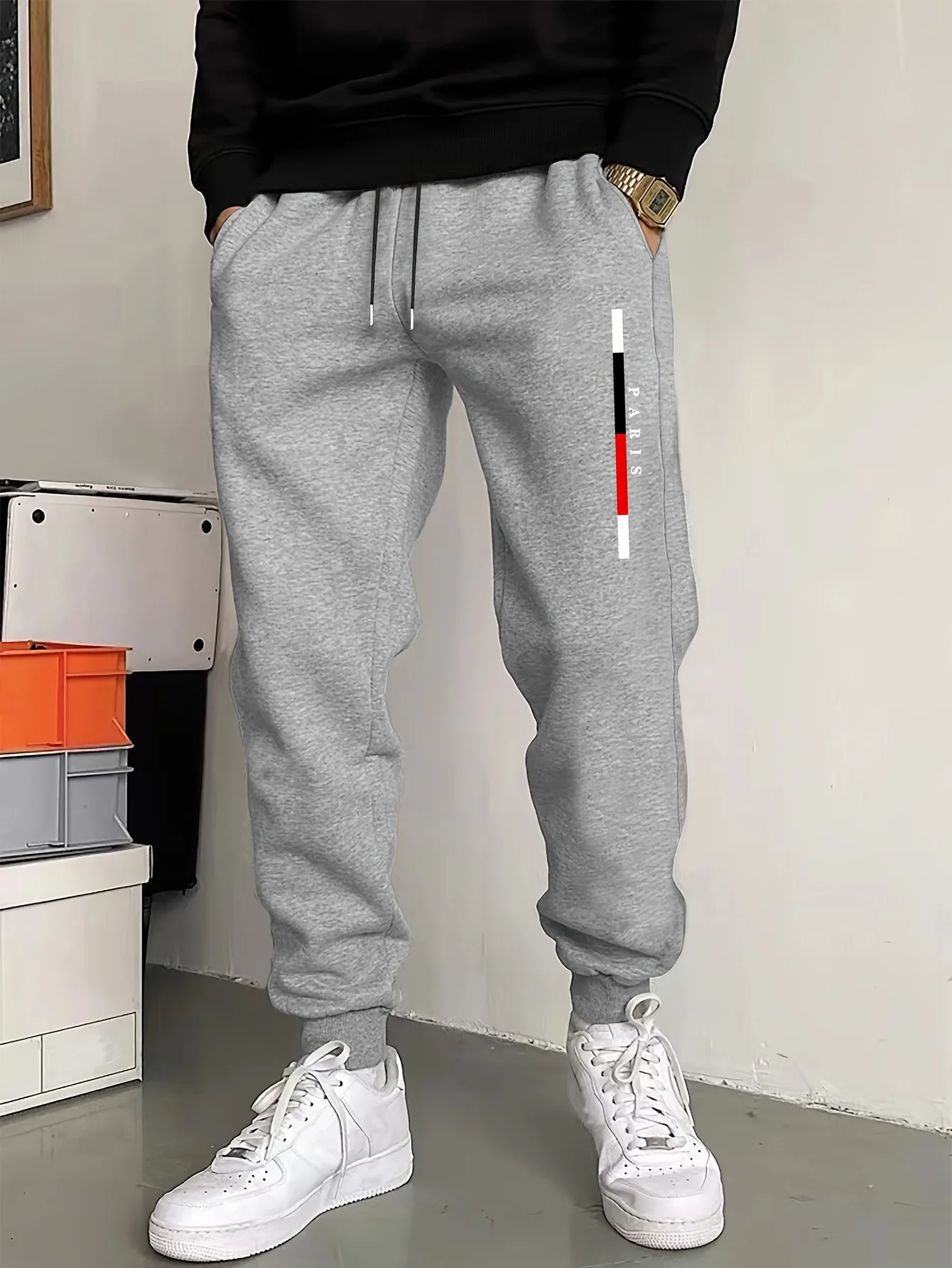 Paris Color‑Block Vertical Stripe Print Men Jogger Pants, Drawstring Waist, Loose Hip Hop Street Casual Sports Sweatpants