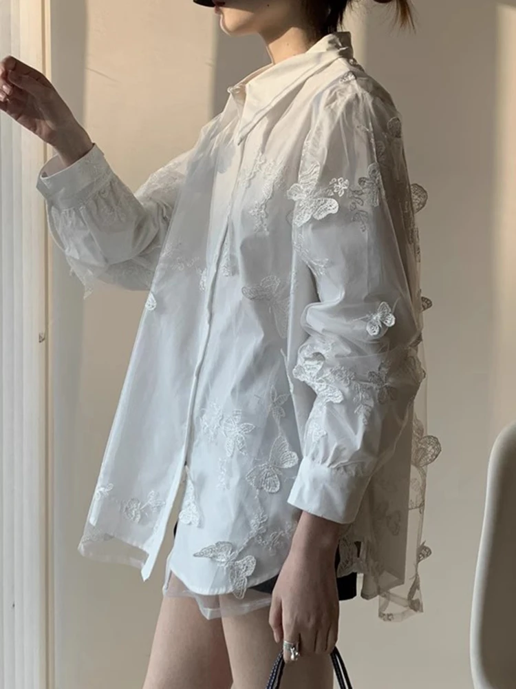 

Стильные лоскутные сетчатые клетчатые рубашки женские с длинным рукавом корейская модная синяя блузка однобортная белая блузка на пуговицах новинка 2023 года